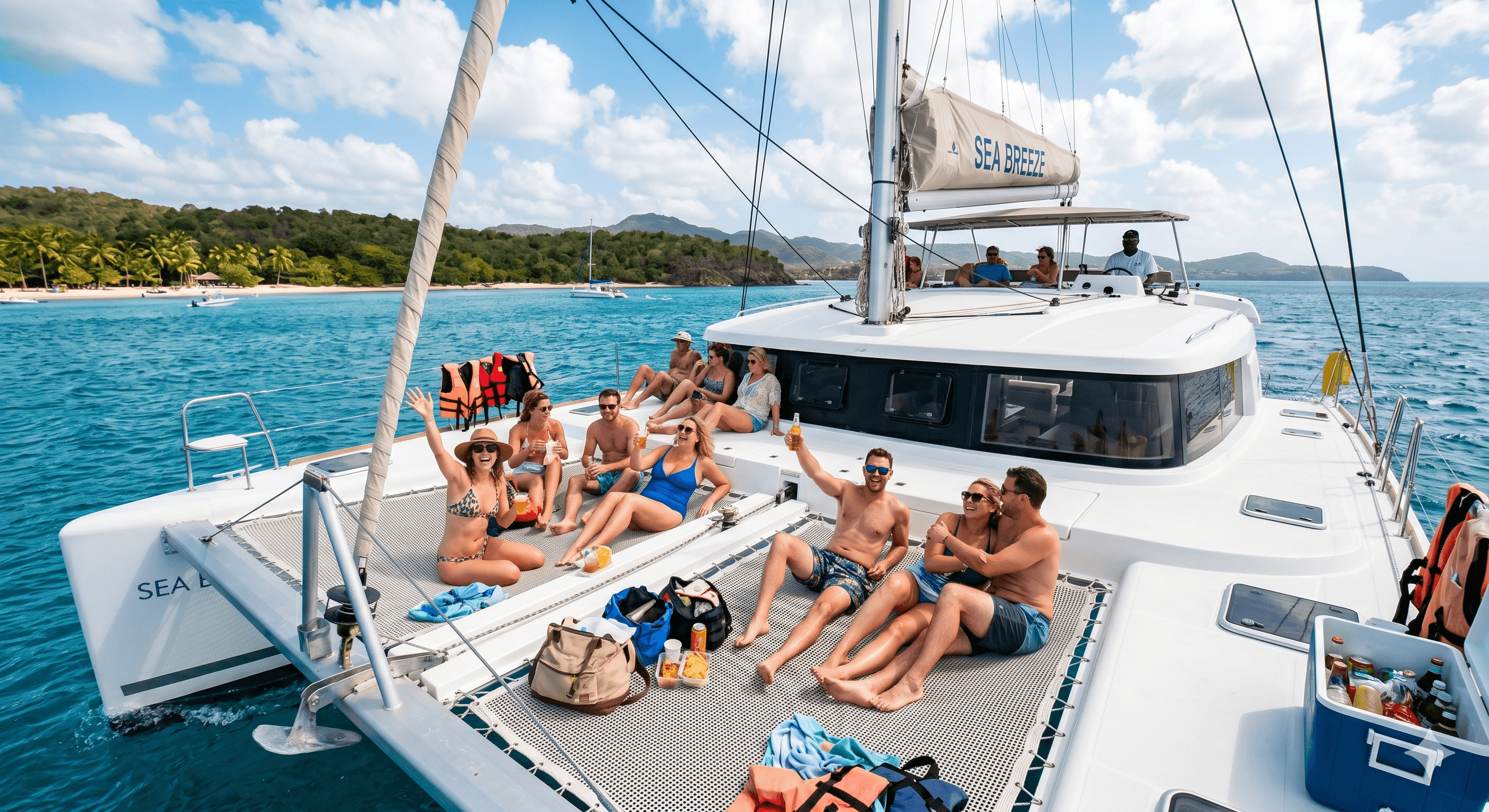 Catamaran at sunset with group on board