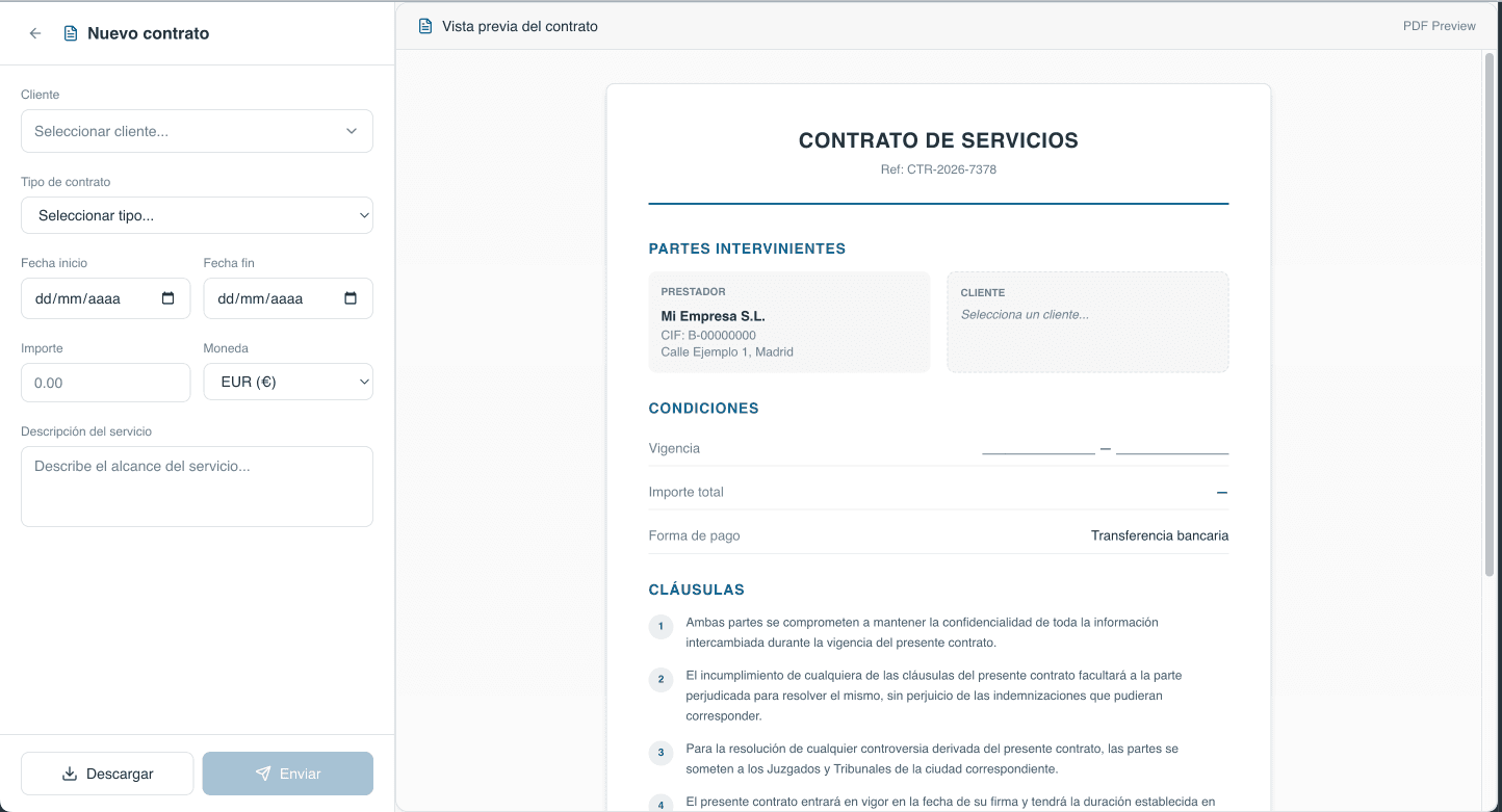 Screenshot: contrato digital + factura generados automáticamente