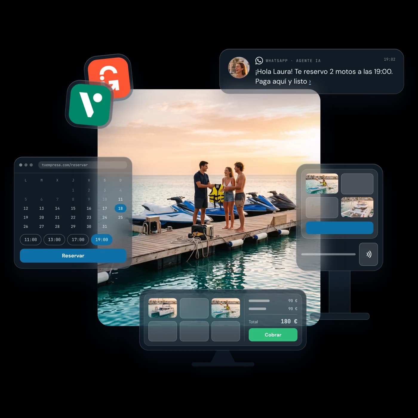 Clientes recogiendo el chaleco junto a las motos de agua al atardecer, rodeados de las piezas de Solnow: reserva web, agente de WhatsApp con IA, TPV de mostrador, quiosco de autoservicio y conexión con GetYourGuide y Viator.